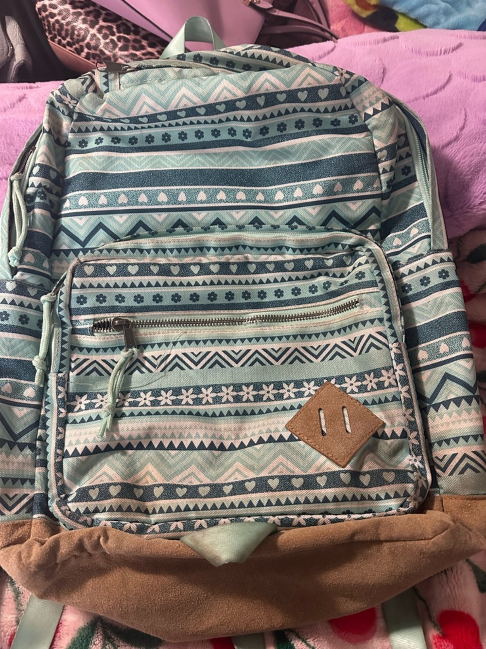 Teal Aztec Print Backpack with Suede Base